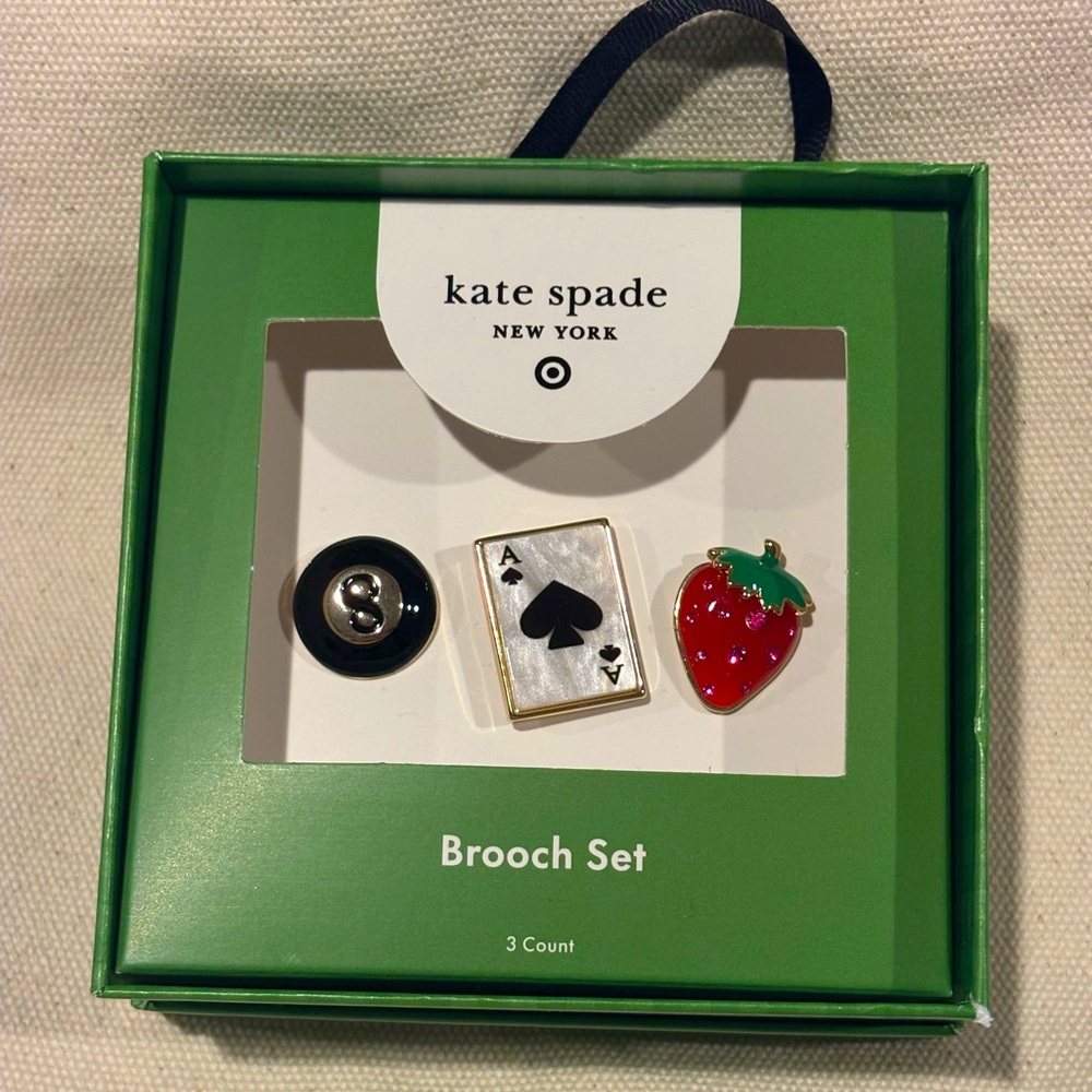 NWT Kate Spade New York x Target 8 Ball Ace Strawberry Brooch Set